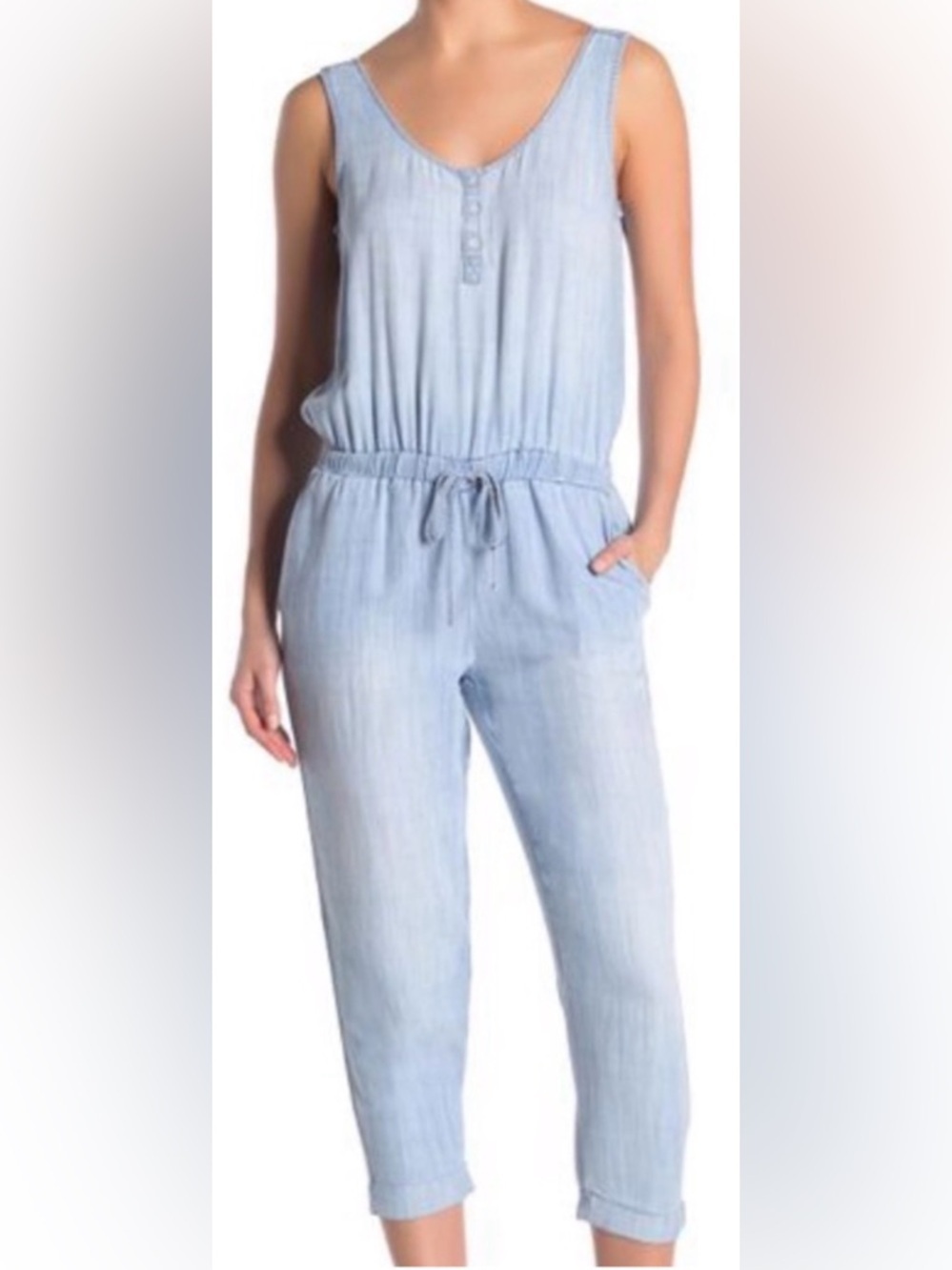 Cloth & Stone Chambray Jumpsuit L Sleeveless Tie Waist Button Front Pockets